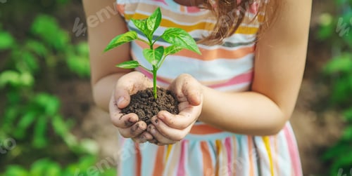 Preview: A child with seedlings in his hands in the garden. Selective focus.