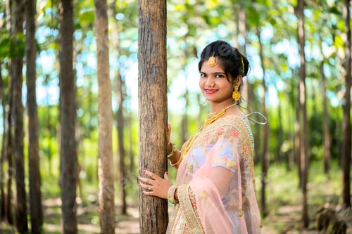 Preview: Portrait of beautiful bride wearing traditional clothing outside in nature.