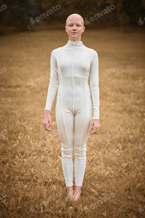 Preview: Full length portrait of young hairless girl with alopecia in white cloth on autumn park background