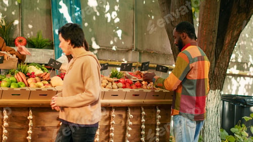 Preview: Old male vendor working with young seller at farmers market stall