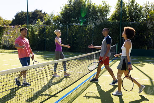 Preview: Happy diverse group of friends playing tennis, shaking hands at tennis court