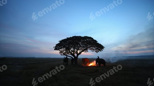 Preview: Silhouette of an elephants, ostrich and stunning eagle in Thailand. Landscape scene.