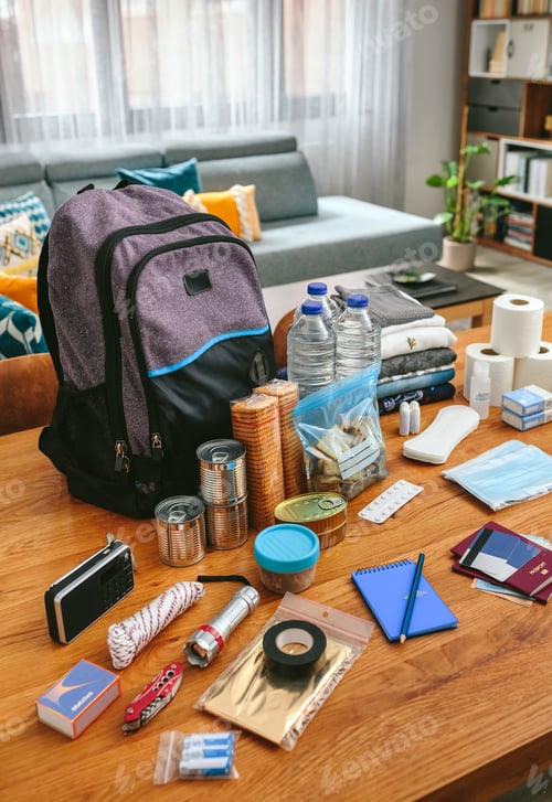 Preview: Emergency backpack equipment organized on the table