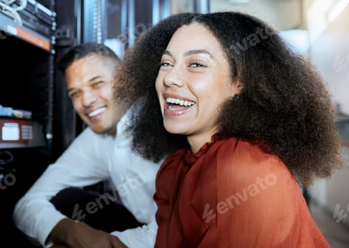 Preview: Portrait, happy and information technology, server and expert worker, funny conversation and teamwo