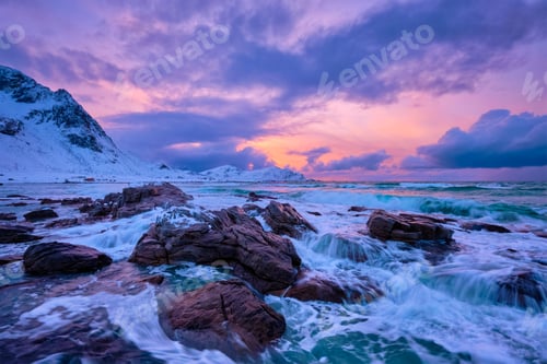 Preview: Norwegian Sea waves on rocky coast of Lofoten islands, Norway