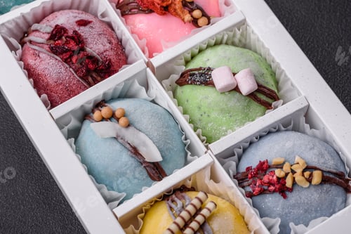 Preview: Delicious sweet colorful mochi desserts or ice cream with rice dough and toppings