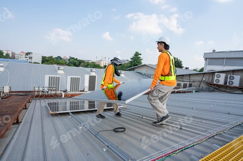 Preview: Team technicians carrying photovoltaic solar moduls on roof.