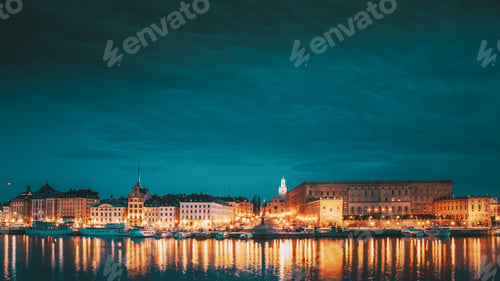 Preview: Stockholm, Sweden. Scenic Famous View Of Embankment In Old Town Of Stockholm In Night Lights. Great
