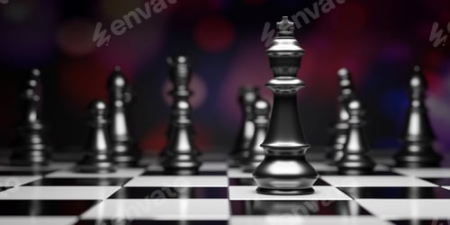 Preview: Black Chess king ahead and blur chess pieces on chessboard, Winner leader concept.