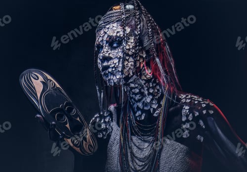 Preview: Close-up portrait of a witch from the indigenous African tribe, wearing traditional costume
