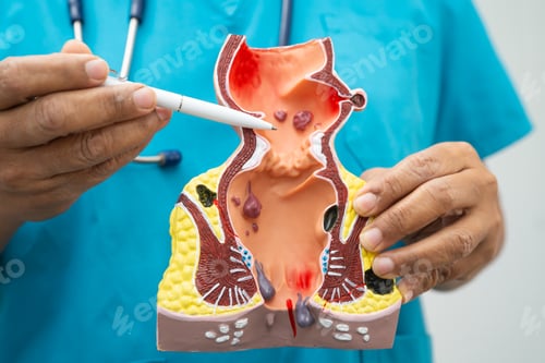 Preview: Asian doctor with rectum and hemorrhoid human model, inflamed vascular structure.