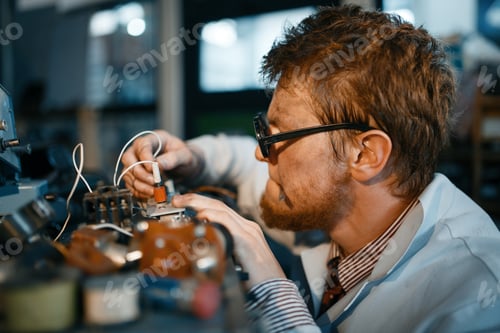 Preview: Scientist prototyping electrical device in lab
