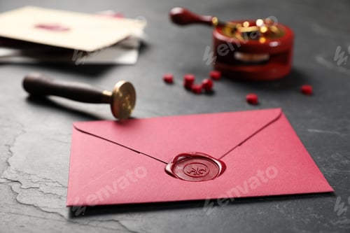 Preview: Envelope with wax seal and stamp on black table, closeup