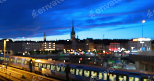 Preview: Stockholm, Sweden. Subway Train in Motion During Night Time. City Skyline. 4K