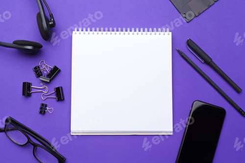 Preview: Set of office stationery and supplies, top view