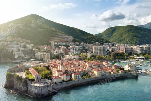 Preview: Panoramic sunset aerial drone view of the ancient city of Budva, Montenegro. Old medieval town.
