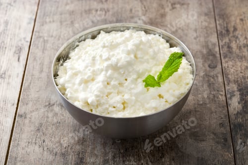 Preview: Bowl of cottage cheese with fresh mint on rustic wooden table