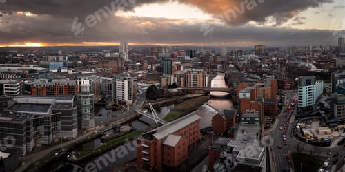 Preview: Aerial panorama of Leeds Dock and River Aire in a cityscape skyline at sunrise