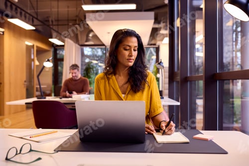 Preview: Mature Businesswoman Working On Laptop At Desk In Office Writing In Notebook