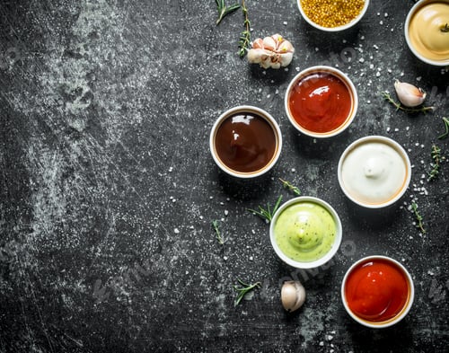 Preview: Sauces in bowls with garlic.