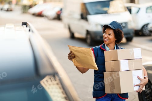 Preview: Happy black postal worker delivering packages in the city.