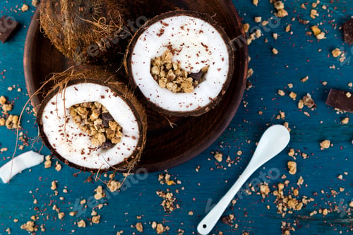 Preview: Healthy breakfast in coconut bowl.
