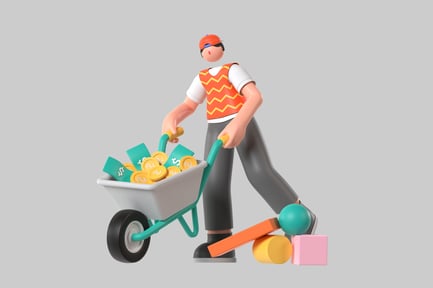 Visualização: Personagem com carrinho de mão cheio de dinheiro