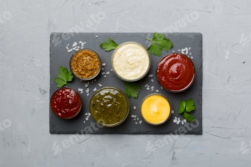 Preview: Many different sauces and herbs on table, flat lay top view. sauces on plate, healthy concept