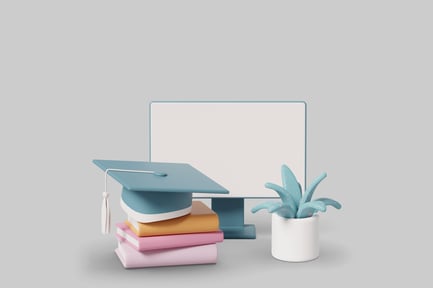 Preview: Books, graduation cap, monitor, and plant
