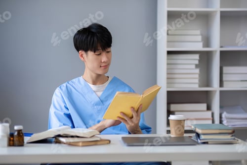 Preview: A male medical student sits and reads a book in the library to prepare for a research exam for a