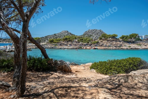 Preview: Aponisos beach Agistri island Greece. Rocky beach with pine tree people swim in sea water, sunny day