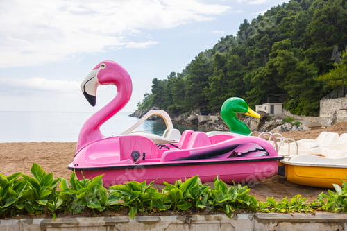 Preview: Colorful flamingo and duck paddle boats on the beach before summer rides