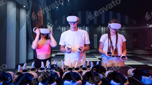 Preview: A team of young friends using virtual reality VR equipment on a arena