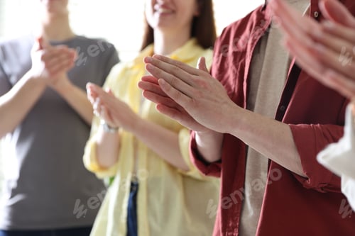 Preview: People applauding during meeting indoors, closeup view
