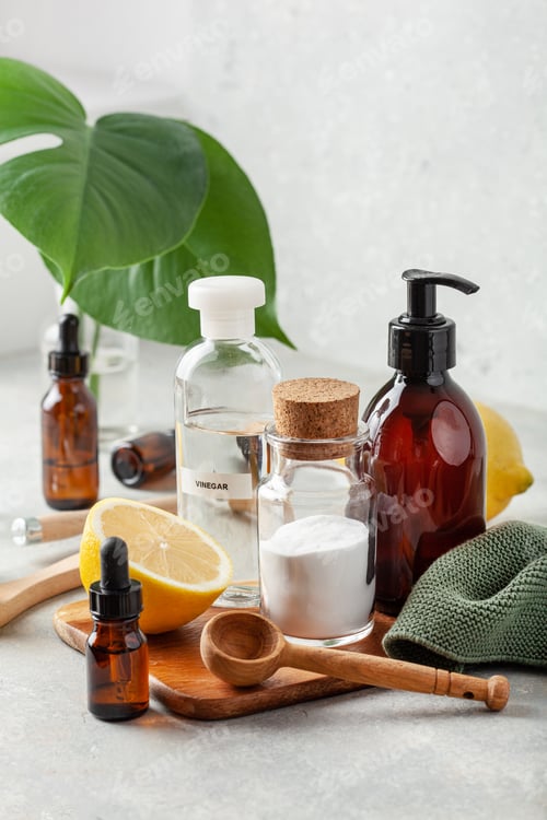 Preview: zero waste eco friendly cleaning concept. wooden brushes, baking soda, vinegar