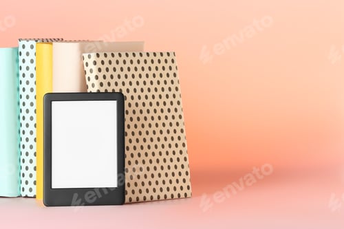Preview: Modern e-book reader and hard cover books on pink background. Space for text