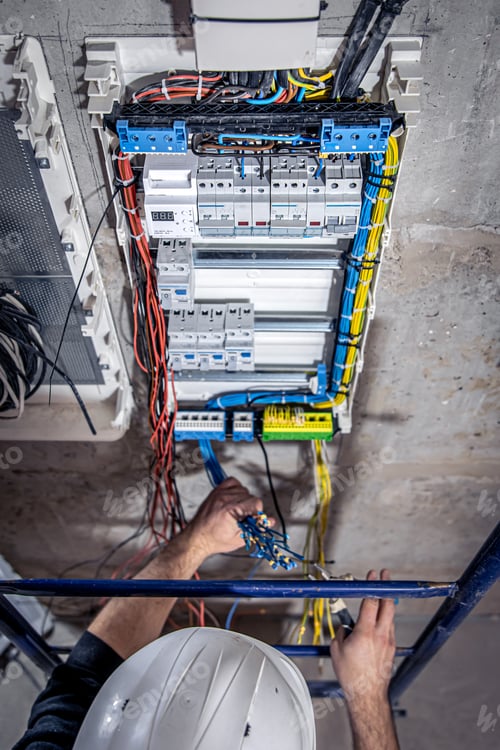 Preview: A male electrician works in a switchboard with an electrical connecting cable.