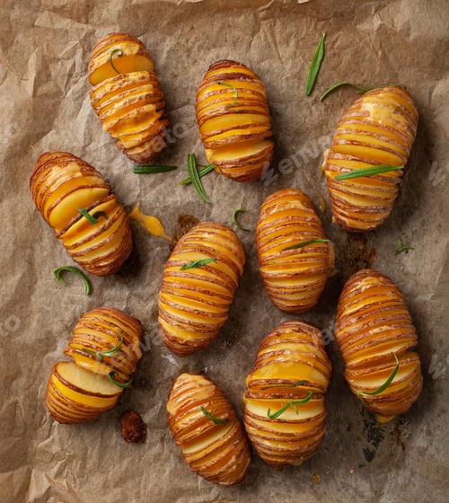 Preview: baked hasselback potato with cheddar cheese and rosemary