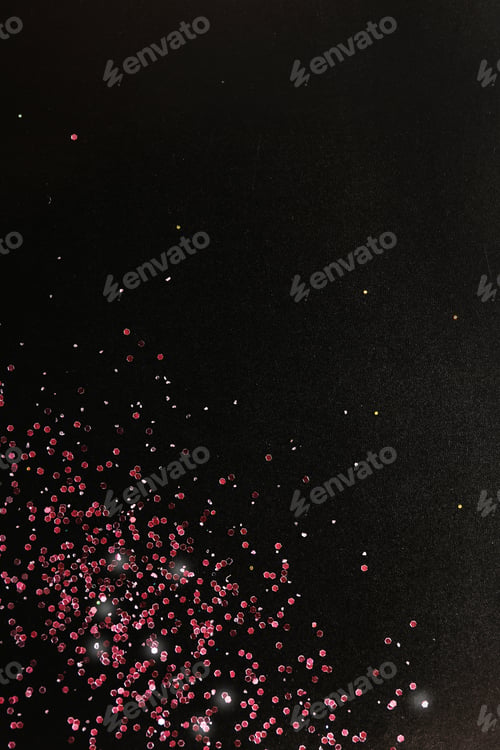 Preview: Rose gold glitter on black background, top view with space for text