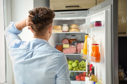 Preview: Man looking into refrigerator full of products in kitchen