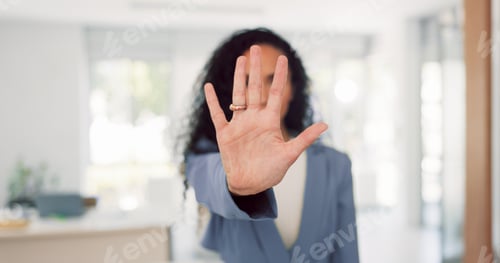 Preview: Business woman and face with stop hand for assertive and serious gesture for rejection at workplace