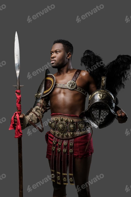 Preview: Naked african gladiator with plumed helmet and long spear