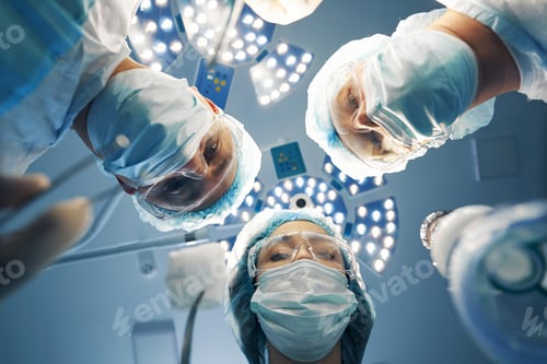 Preview: Three doctors bending over patient during laparoscopic operation