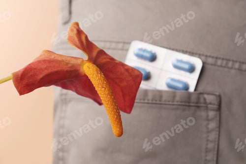 Preview: Anthurium flower symbolizing male sexual organ and pills in pocket, closeup. Potency problem
