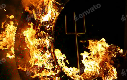 Preview: Devils Advocate: Pitchfork in the center of burning flames.