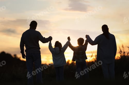 Preview: Family holding hands in field at sunset, back view