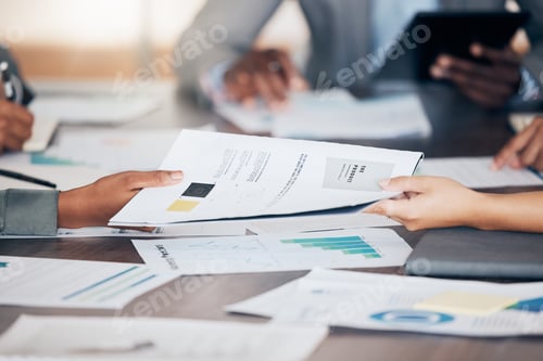 Preview: Meeting, planning and finance by team of business people discussing data, contract or financial sta