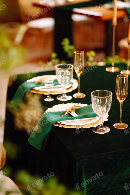 Preview: Wedding. Banquet. Beautiful table setting for a party, wedding reception or other festive event.