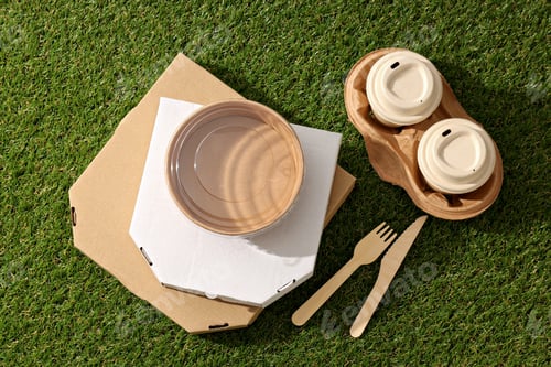 Preview: Ecological packaging for food delivery, on the grass.