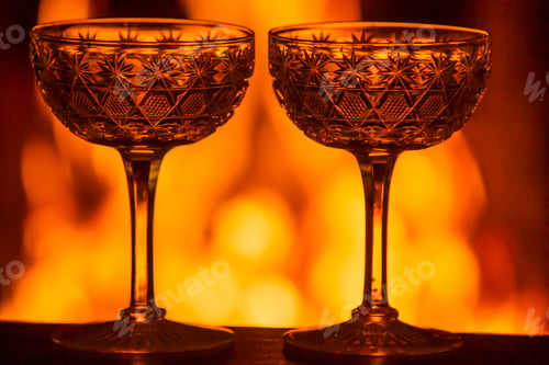 Preview: Two ornate champagne glasses on table in front of burning fire